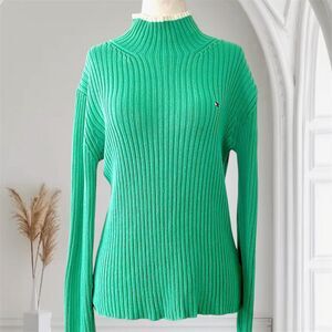 Early 2000's Preppy Tommy Hilfiger Green Cotton Knitted Turtleneck Sweater S